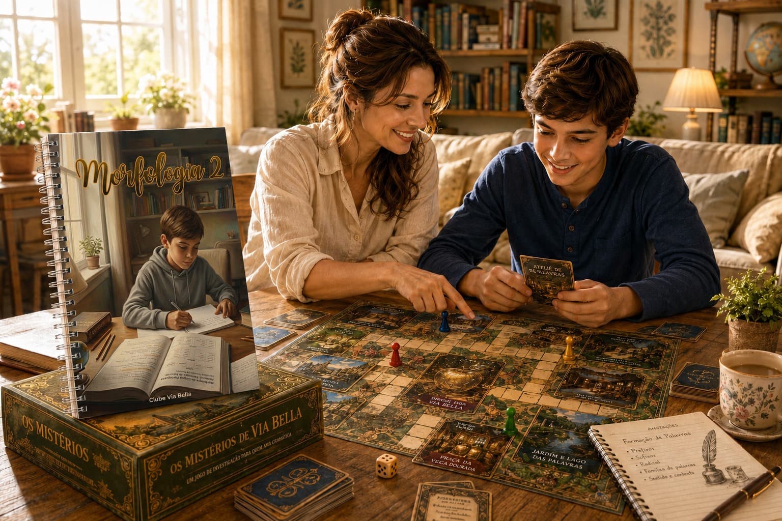 Material Morfologia 2 e Jogo Mistérios de Via Bella sobre uma mesa de estudos